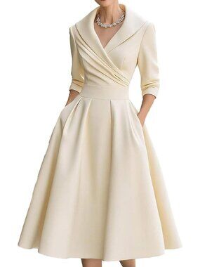 Women's Cream Wrap Long Sleeve V-Neck Silky Casual Elegant Midi Church Dress